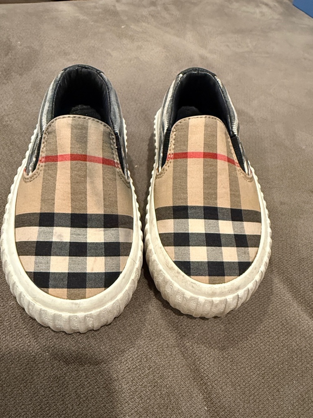 Burberry Kids Plaid Slip-On Sneakers in Beige, Black & Red